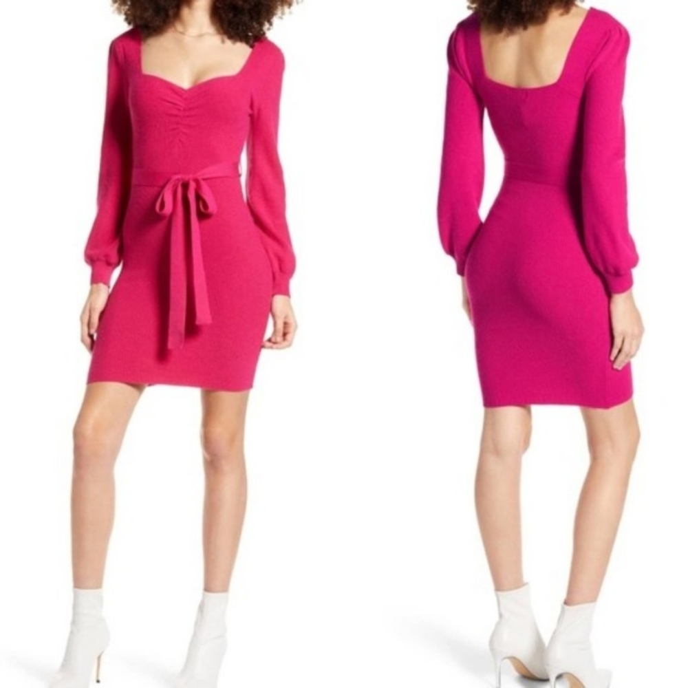 4SI3NNA – Olivia Tie Waist Sweater Mini Dress in Fushia, size XS